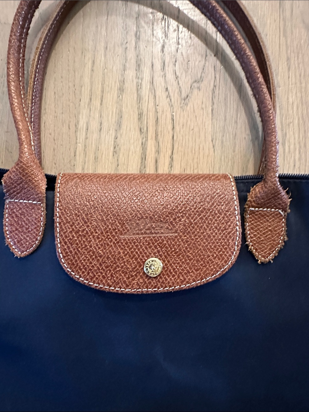 Longchamp Navy Nylon Tote with Brown Leather Trim - Picture 2 of 6